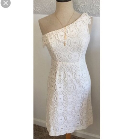 MERONA Romantic Boho One Shoulder Ivory Cream Lace Crochet Dress Sz 6 - Picture 1 of 5